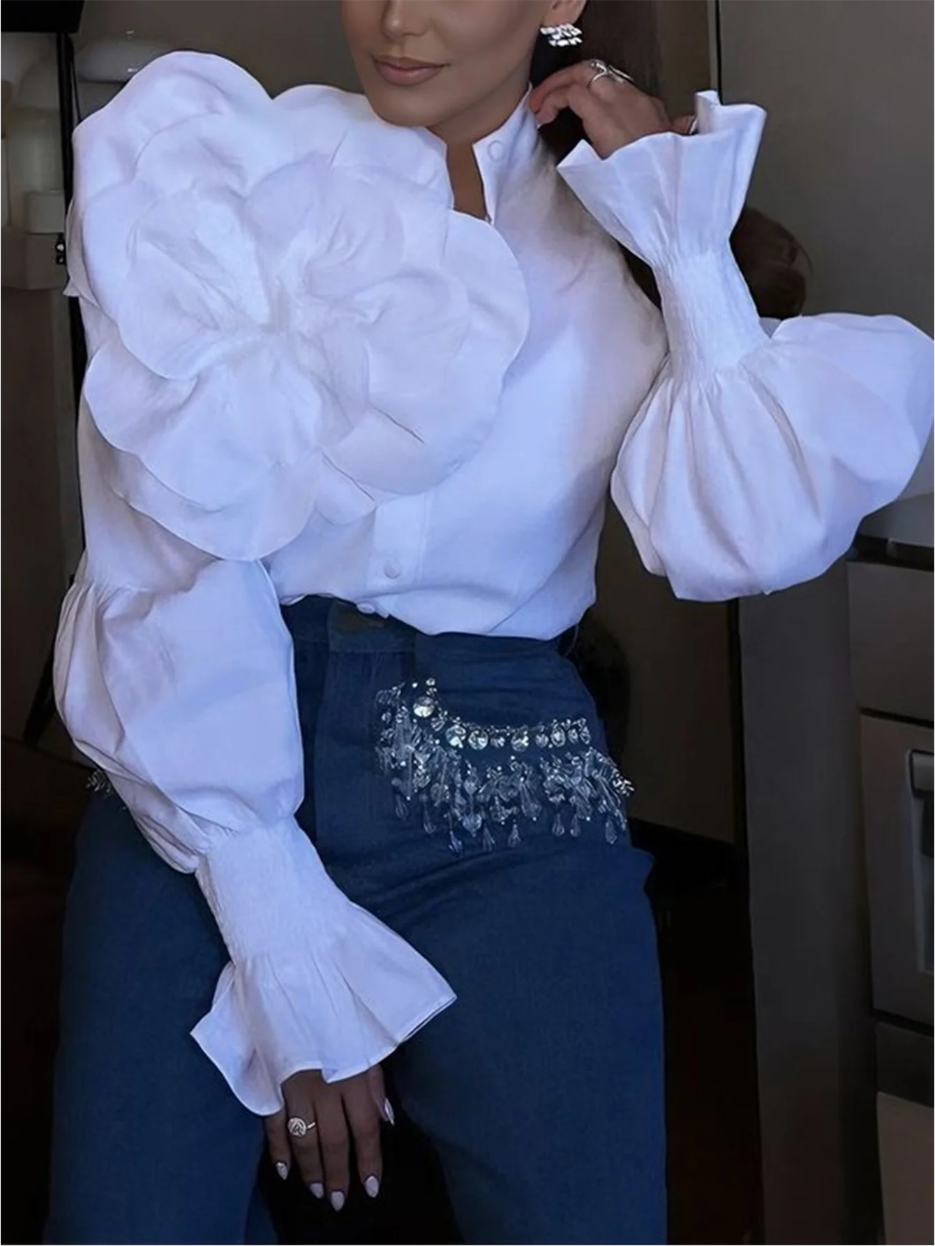 Women Stand Collar 3D Floral Puff Sleeve Blouse For Casual Streetwear Daily Outfit And Vacation Occasion