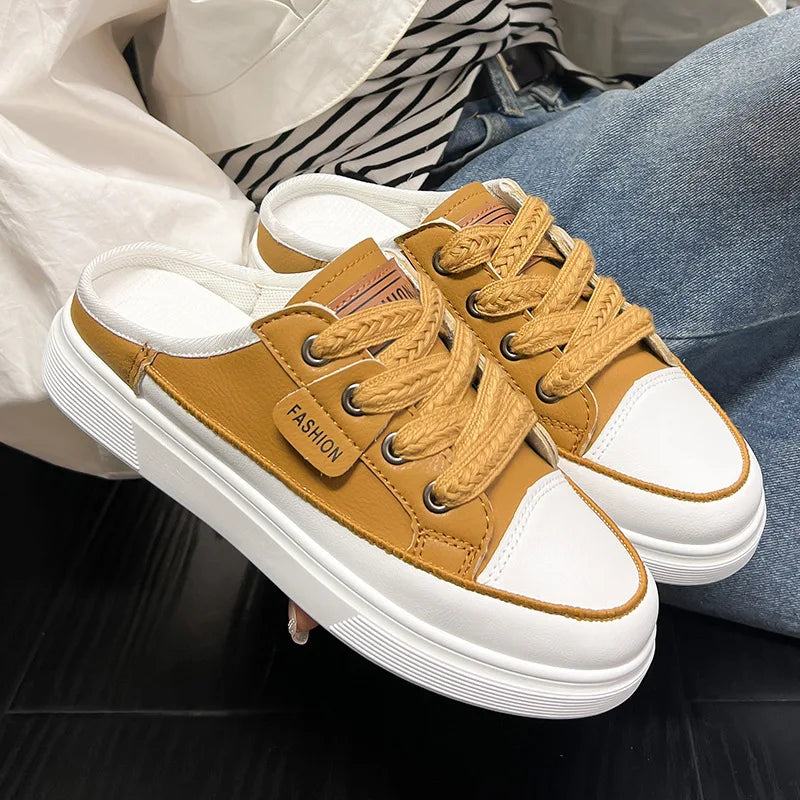 Platform Slip-On Backless Canvas Sneakers, Women's Casual Mule Shoes, Closed Toe Lace-Up Walking Footwear