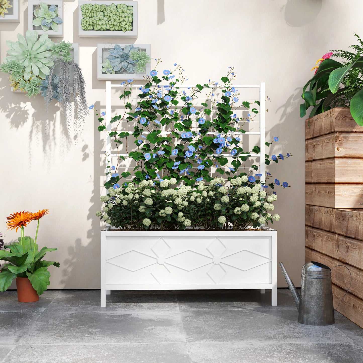 Galvanized Raised Garden Bed with Trellis Planter Box, White