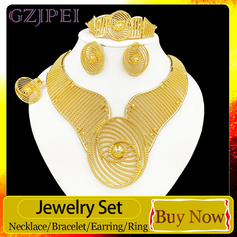GZJPEI 4 Pcs/set Geometric Striped Jewelry Set 18K Gold Plated Hollow Out Design Jewelry For Women Birthday Gift 2026 Trendy