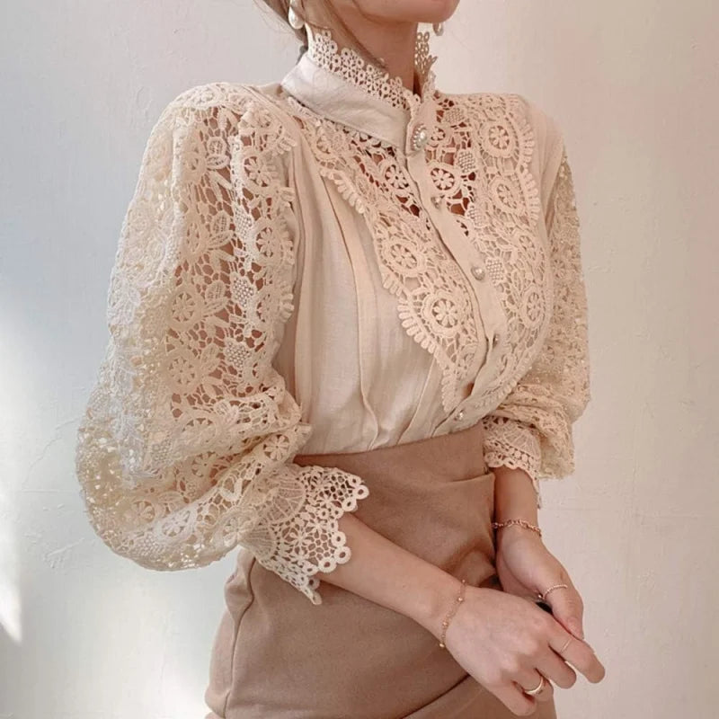 Women’s Elegant Lace Trim Shirts Casual Victorian Blouse Long Sleeve Button Down Tops