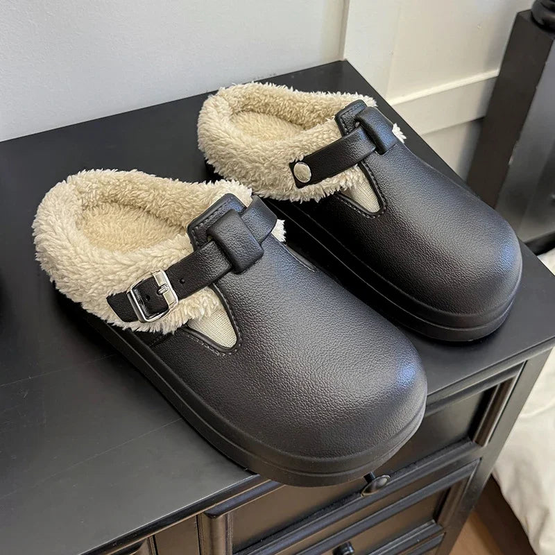 2025 New Waterproof Eva Fuzzy Mules Women Winter Warm Fluffy Slippers Soft Thick Sole Anti Slip Indoor Shoes