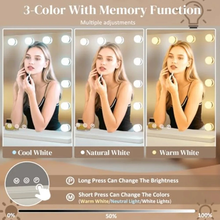 Hollywood Vanity Mirror 15 Led Bulbs 3 Color Lights Beautiful Make Up Lighted Mirror Aluminum Metal Frame 23" x 18"