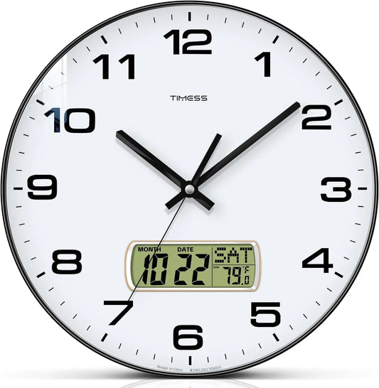 TIMESS Calendar Wall Clock,3 Sizes 4 Colors Optional with Calendar and Fahrenheit Temperature Display,battery Operated Minimalist Style Wall Clock for Living Room Bedroom Dining Study Office Decor