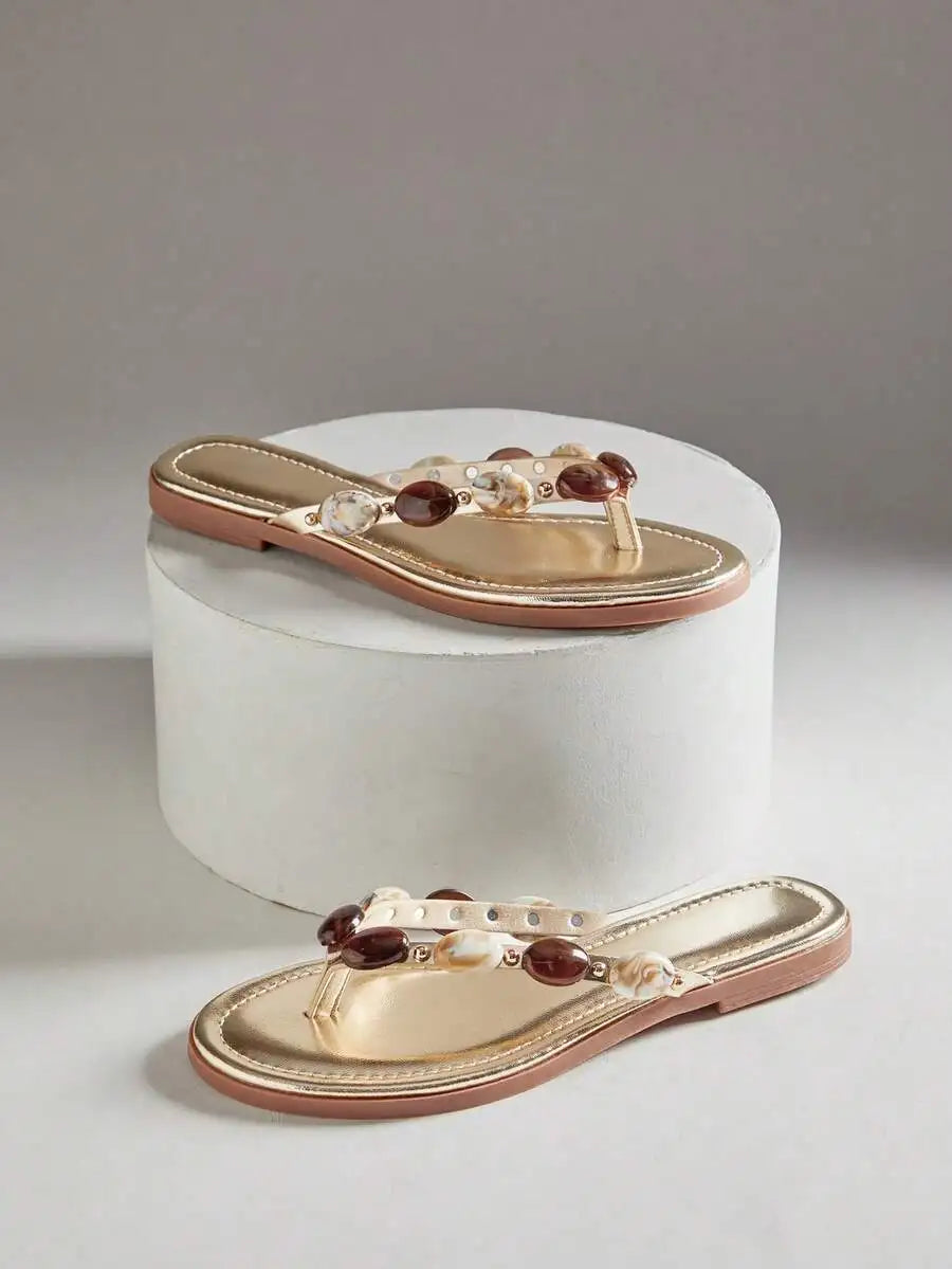 Women's Gemstone Decor Thong Flat Sandals, Punk Chic Edgy Design, Fashion Comfy Summer Casual Shoes