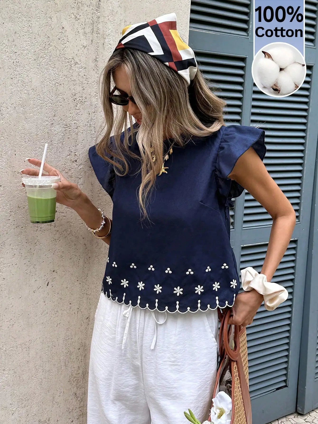 Women's Summer Casual 100% Cotton Floral Embroidery Ruffle Hem Blouse With Flutter Sleeves