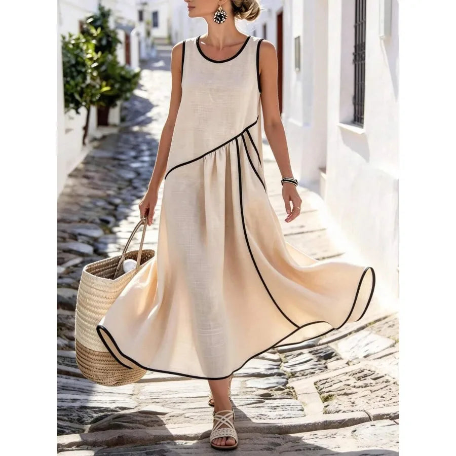 【New style】 Holidaya Women's Casual Vacation Contrast Trim Single Pocket Dress, Casual Long Dress, Spring/Summer Dress Women Va