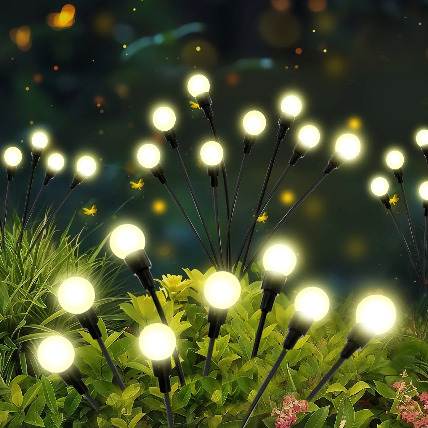 2Pack 8-Head Solar Firefly Lights Outdoor Pathway Decorative Garden IP651 Waterproof High Flexibility Iron Wire Heavy-Duty Bulb Base