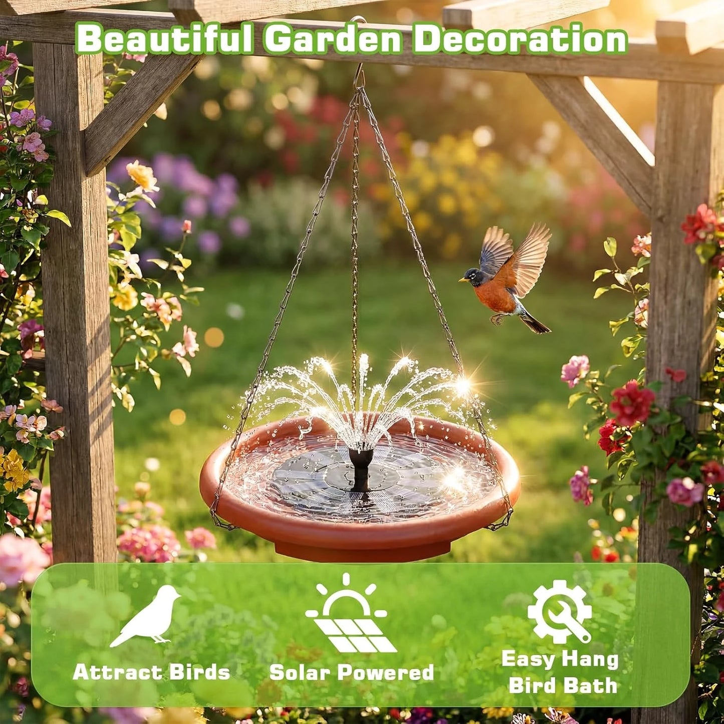 15 inch Hanging Solar Bird Bath, Outdoor Bird Bath & Feeder with Solar Fountain and 3-Tier Steps, Suitable for Patio Garden Backyard Landscape Decor