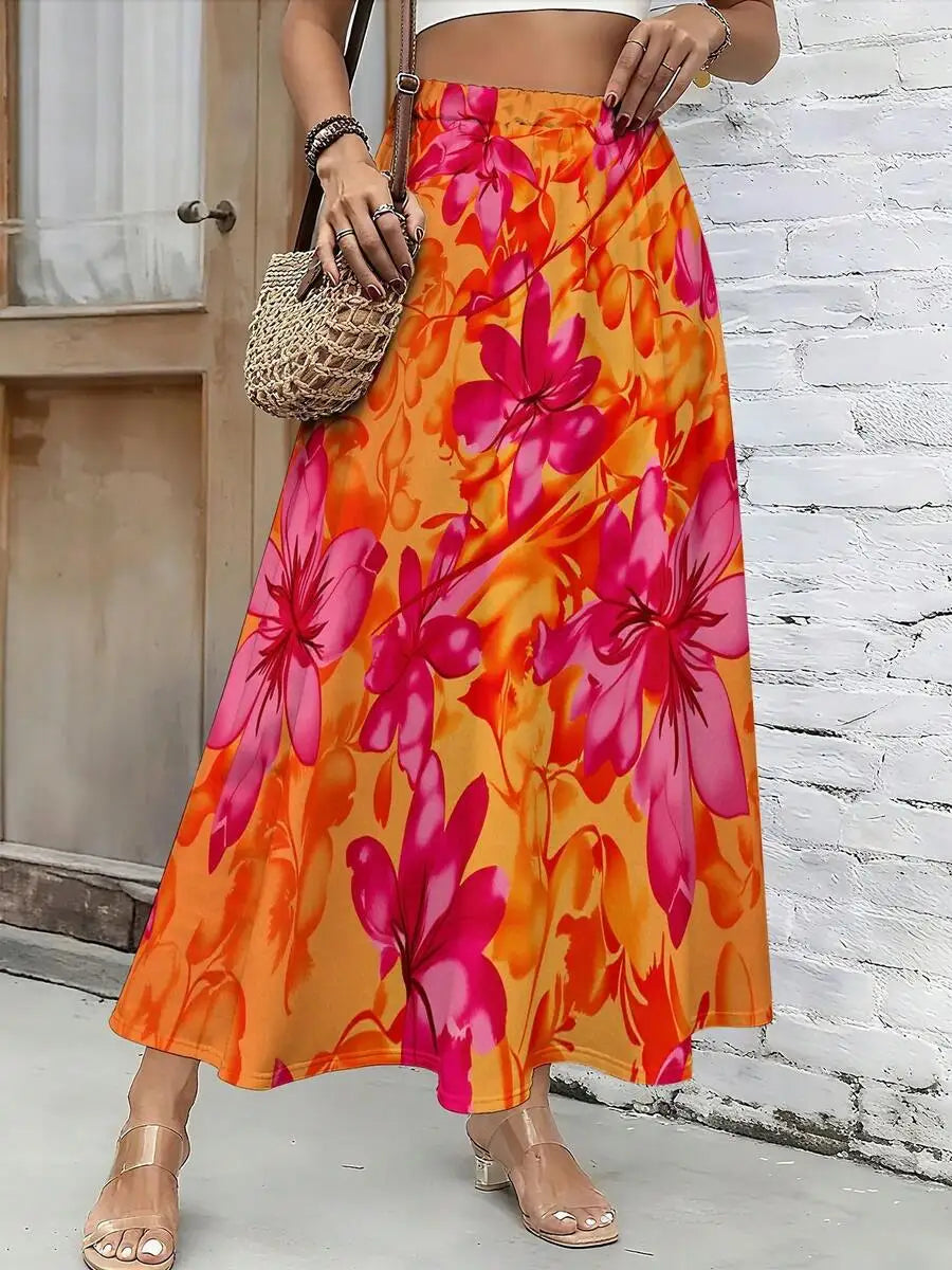 Womens Floral Print Maxi Skirt Elastic Waist Flowy A-Line Long Skirt With Pockets Boho Casual Summer Skirt