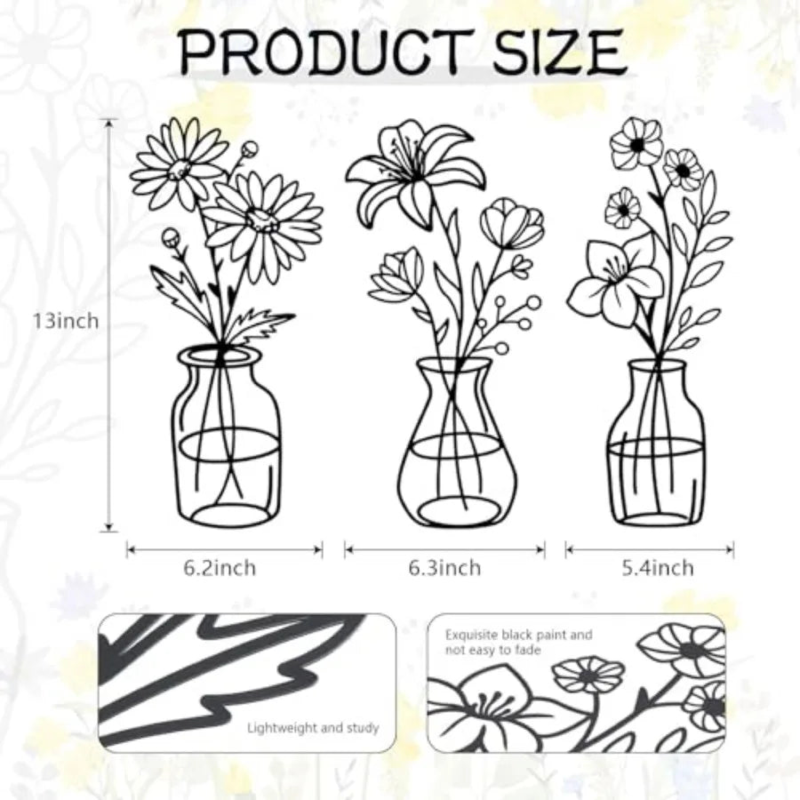 3 Pieces Metal Flowers Wall Arts, Black Metal Vase Wall Art, Rustic Farmhouse Decor Black