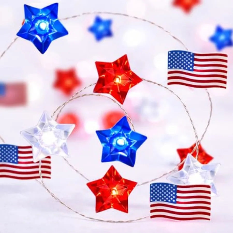 4th of July Decorations Star American Flag Lights 13Feet 40LED Fairy String Lights Battery Operated with Timer Fourth of July D
