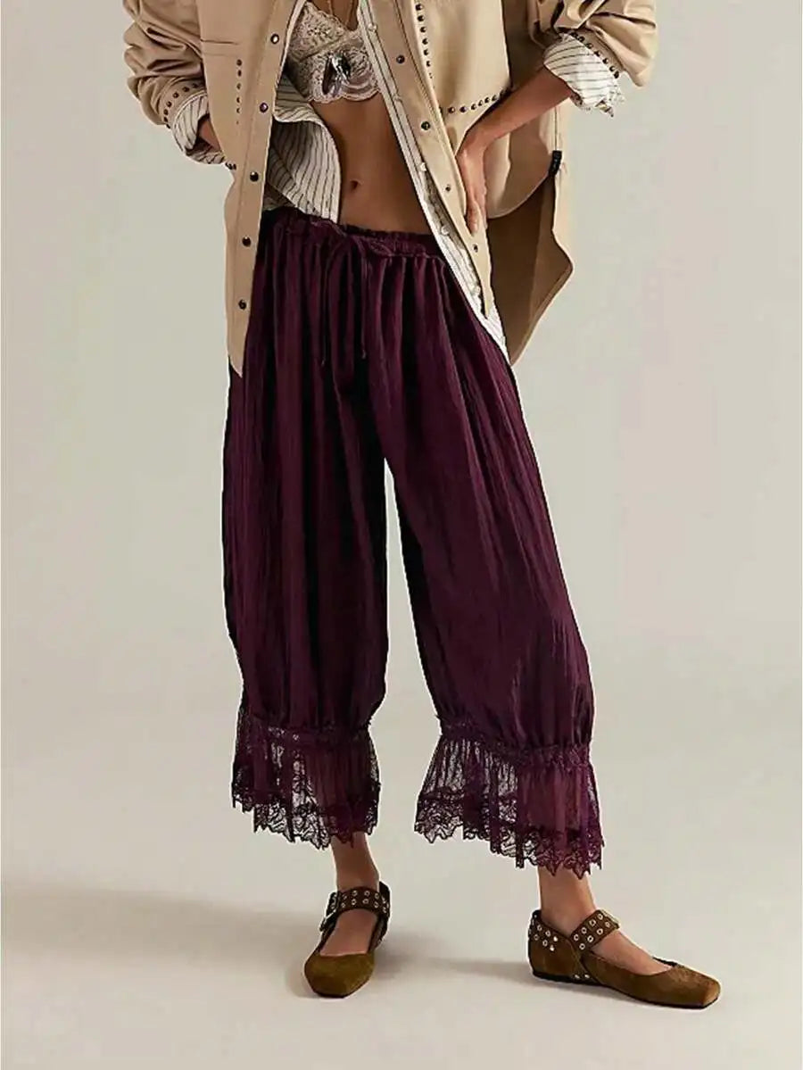 Women Cropped Lace Trim Bloomers Loose Mid Rise Victorian Pantaloons Streetwear