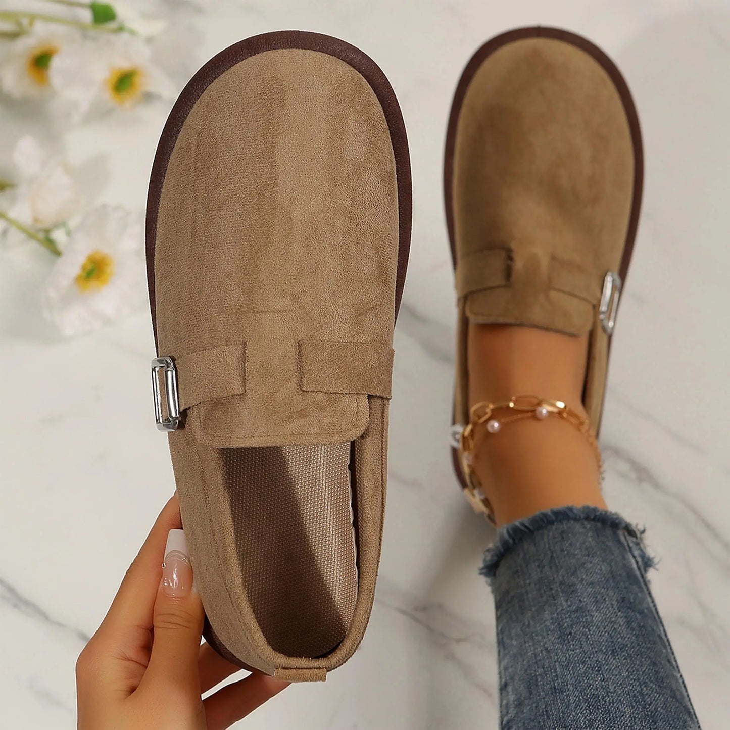 Suede Buckle Loafers for Women Versatile Slip-On Flats with Durable Rubber Sole Walking Shoes