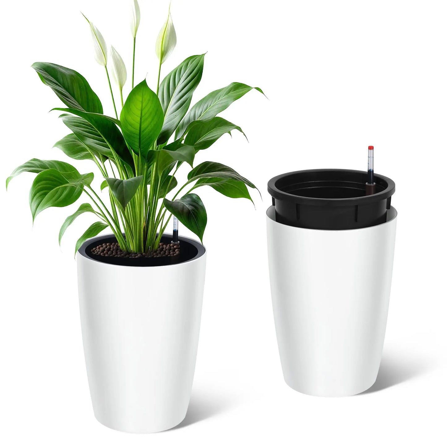 16 Inch Tall Self Watering Planters Set Of 2 With Water Level Indicator, Drainage Reservoir Indoor Outdoor Flower Pots For Patio Porch