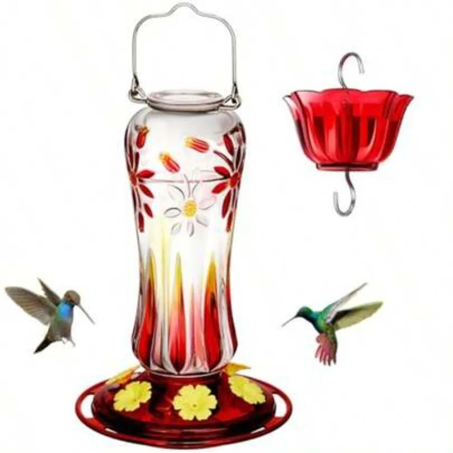 Hummingbird Feeder For Outdoors Hanging 25 Ounces Glass Humming Bird Nectar Feeder With Ant Moat And 6 Feeding Ports Leak Proof