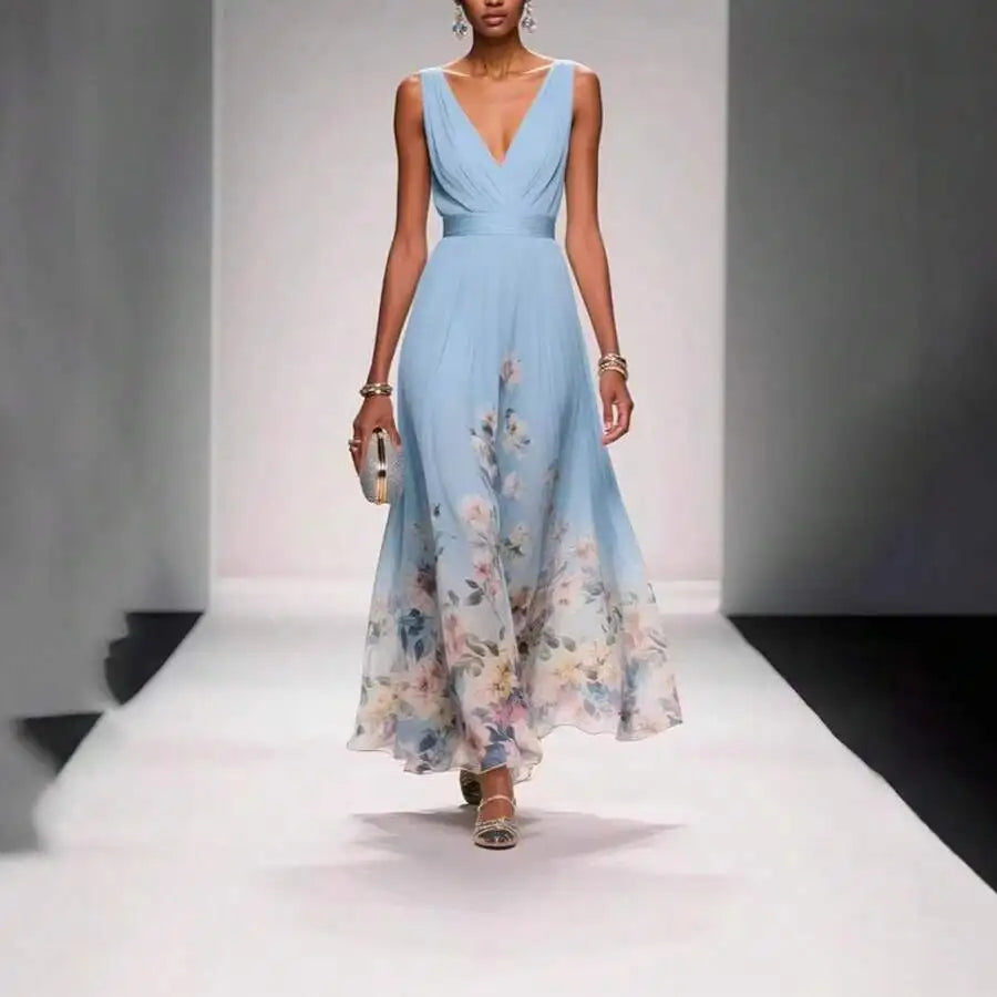 Elegant V-Neck Floral Print Waist-Cinching Floor-Length Dress For Women