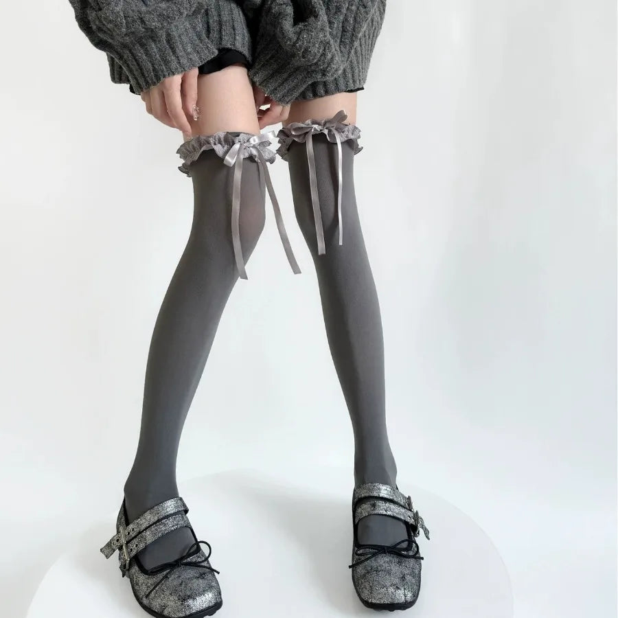 White Thin Sheer Ruffle-edge Lace Long Socks Women JK Girl Sweet Thigh High Stockings Lolita Nylon OverKnee Cute Bowknot Hosiery