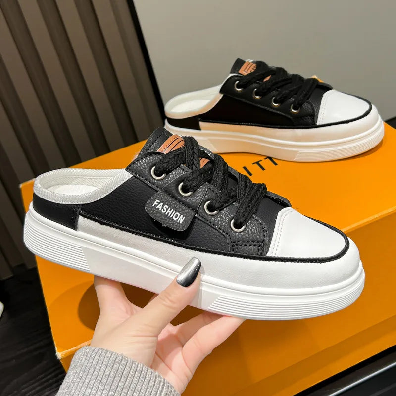 Platform Slip-On Backless Canvas Sneakers, Women's Casual Mule Shoes, Closed Toe Lace-Up Walking Footwear