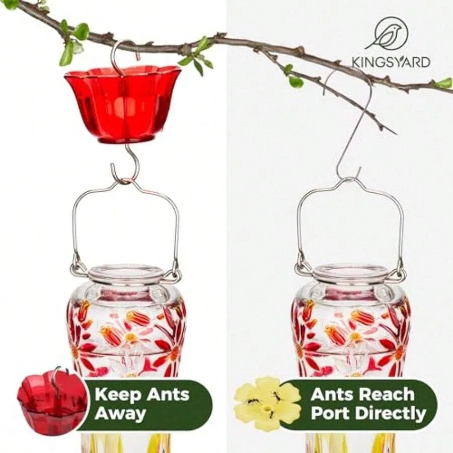 Hummingbird Feeder For Outdoors Hanging 25 Ounces Glass Humming Bird Nectar Feeder With Ant Moat And 6 Feeding Ports Leak Proof