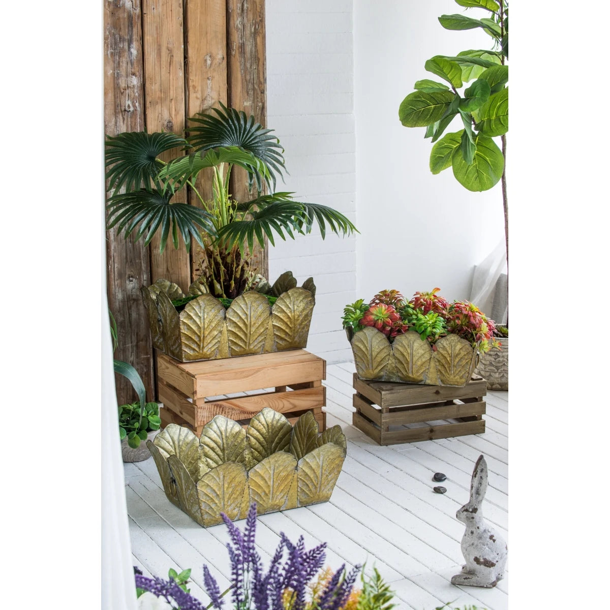 Set of 4 4.3x4.3x4" Gray Sand and Cement Planters with Brown Botanical Motifs On-Site