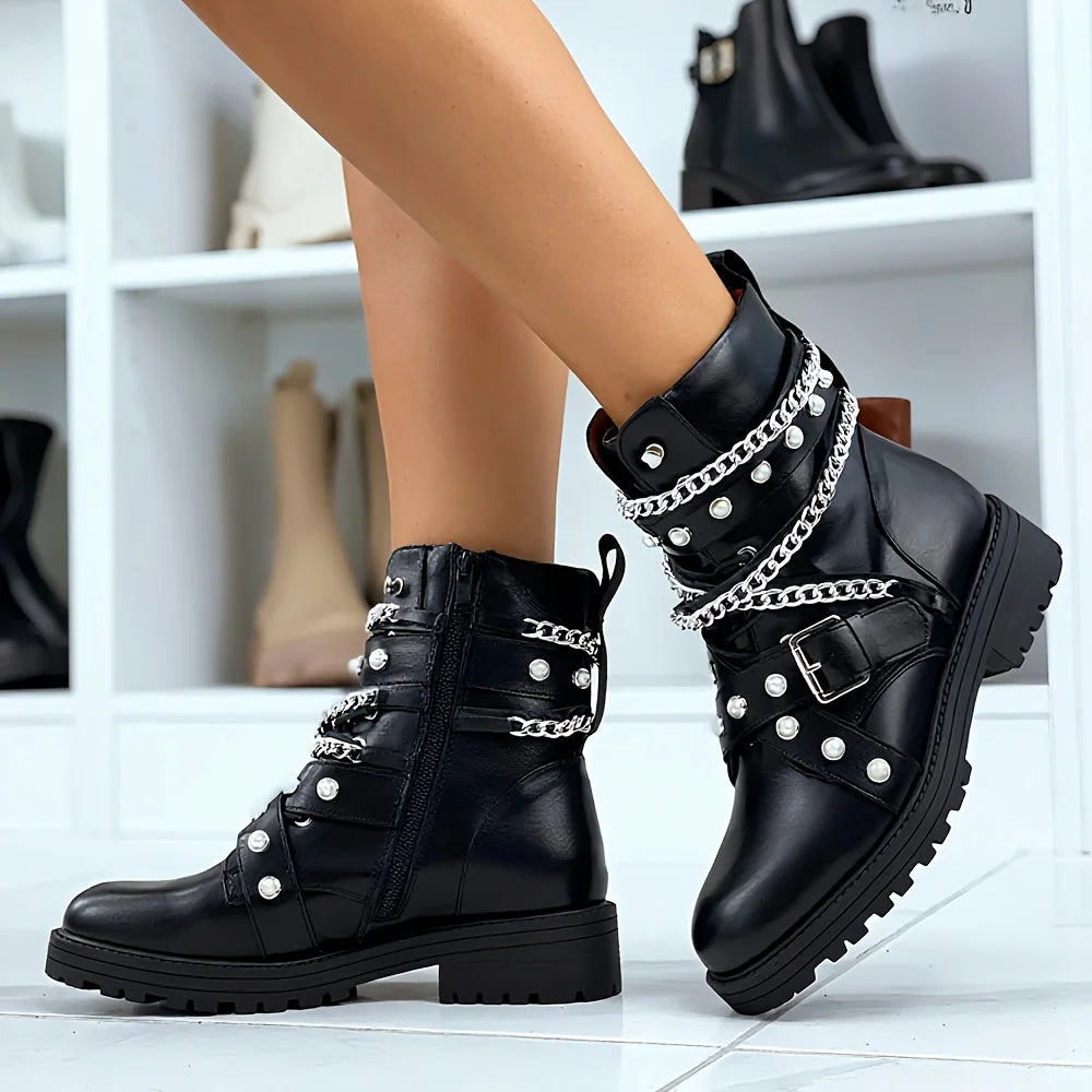 Women's Y2K Goth Ankle Boots Fashion Punk Buckle Chain Pearl Rivet Chunky Heels Lace-up Side Zipper Street Combat Boots Woman
