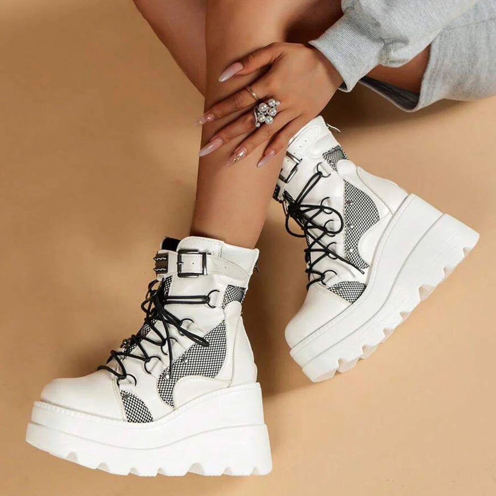 Women's Gothic Platform Wedge Ankle Boots, Punk Lace Up Buckle Strap Combat Booties, Non Slip Lug Sole Mid Calf Motorcycle Boots for Cosplay Daily Wear