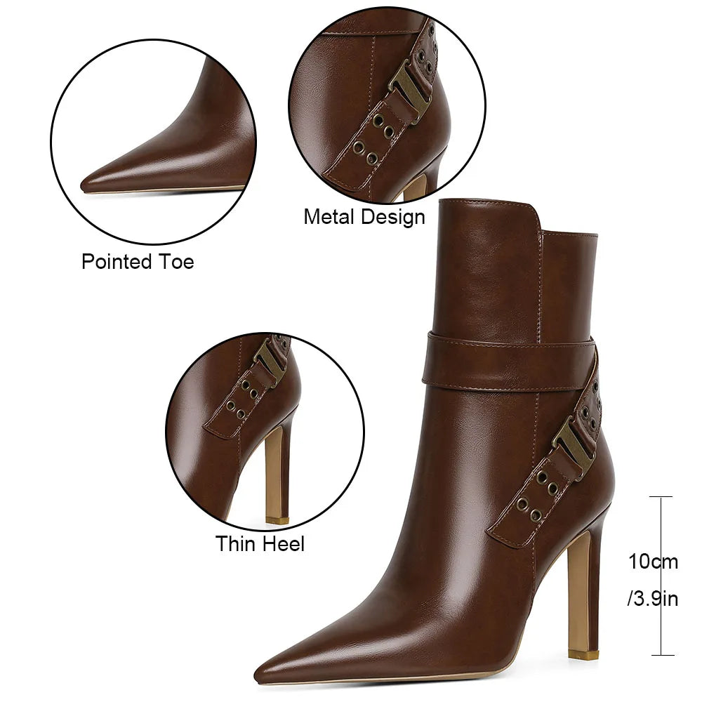 DoraTasia Fashion Pointed Toe Thin High Heel boots For Woman Hollow Metal Buckle Side Zipper Spring/Autumn Party Ladies shoes
