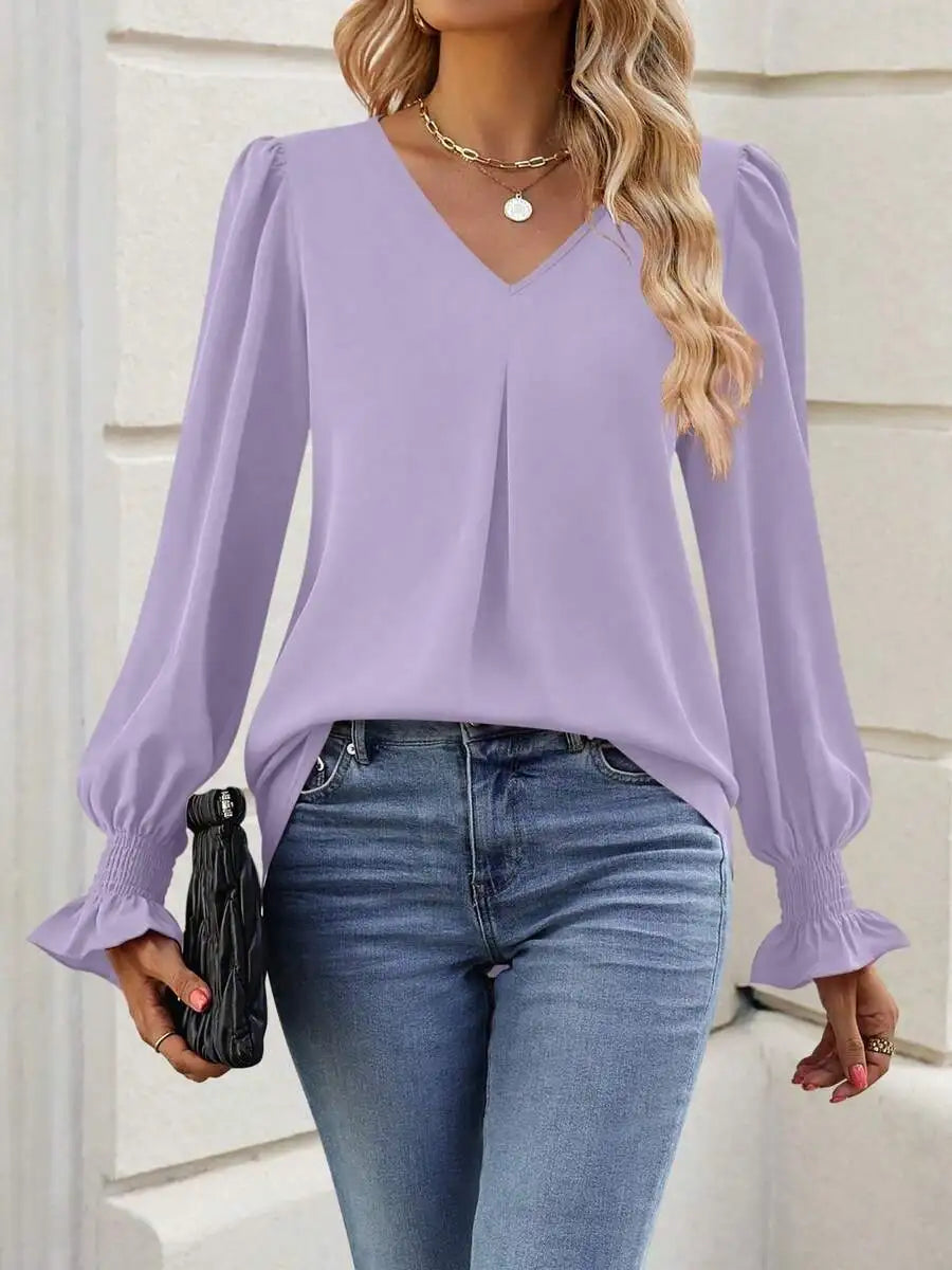 Womens Long Sleeve V Neck Loose Chiffon Blouse Casual Elegant Tunic Top