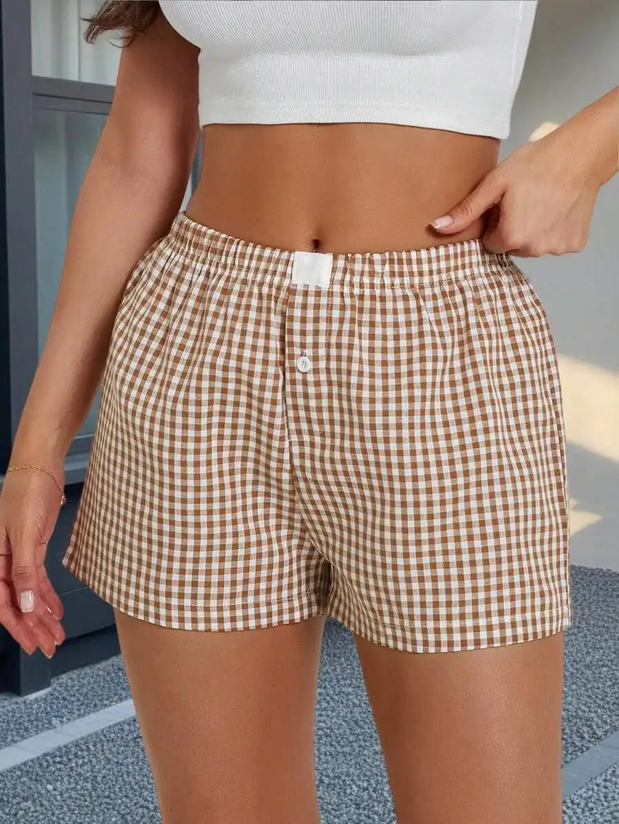 Women Y2K Plaid Shorts Elastic Low Rise Cute Gingham Pajama Boxer Shorts Summer Lounge Pj Sleep Short Bottom Sleepwear