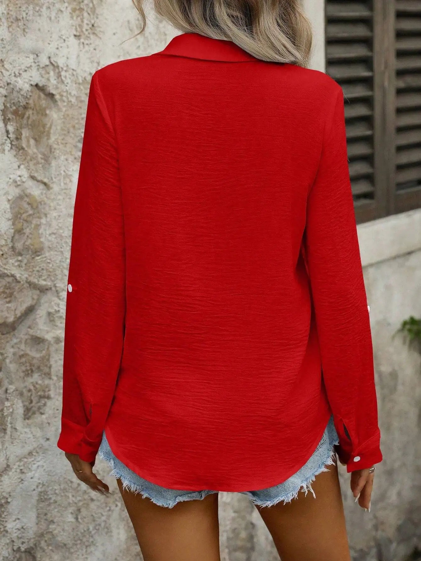 Casual Solid Color Pocket Button-Up Long Sleeve Shirt For Women