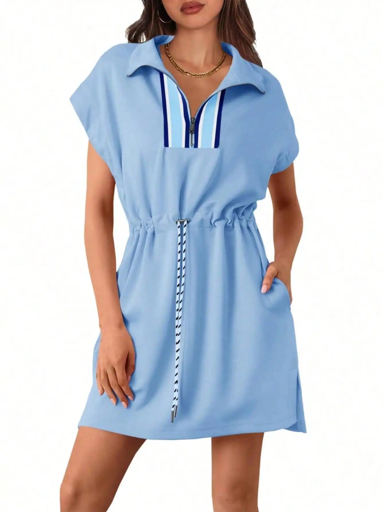 Fisoew Y2K Quarter Zip Sweatshirt Dress Women Short Sleeve V Neck Drawstring Waist Mini Dress Summer Streetwear Tennis Outfit