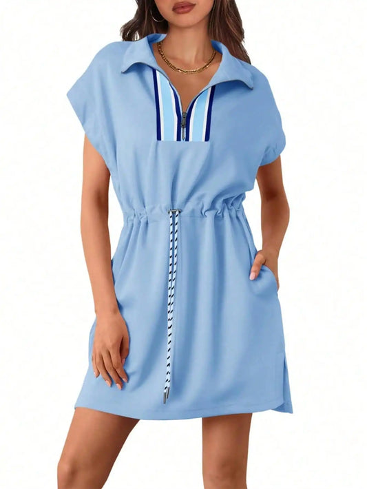 Fisoew Y2K Quarter Zip Sweatshirt Dress Women Short Sleeve V Neck Drawstring Waist Mini Dress Summer Streetwear Tennis Outfit