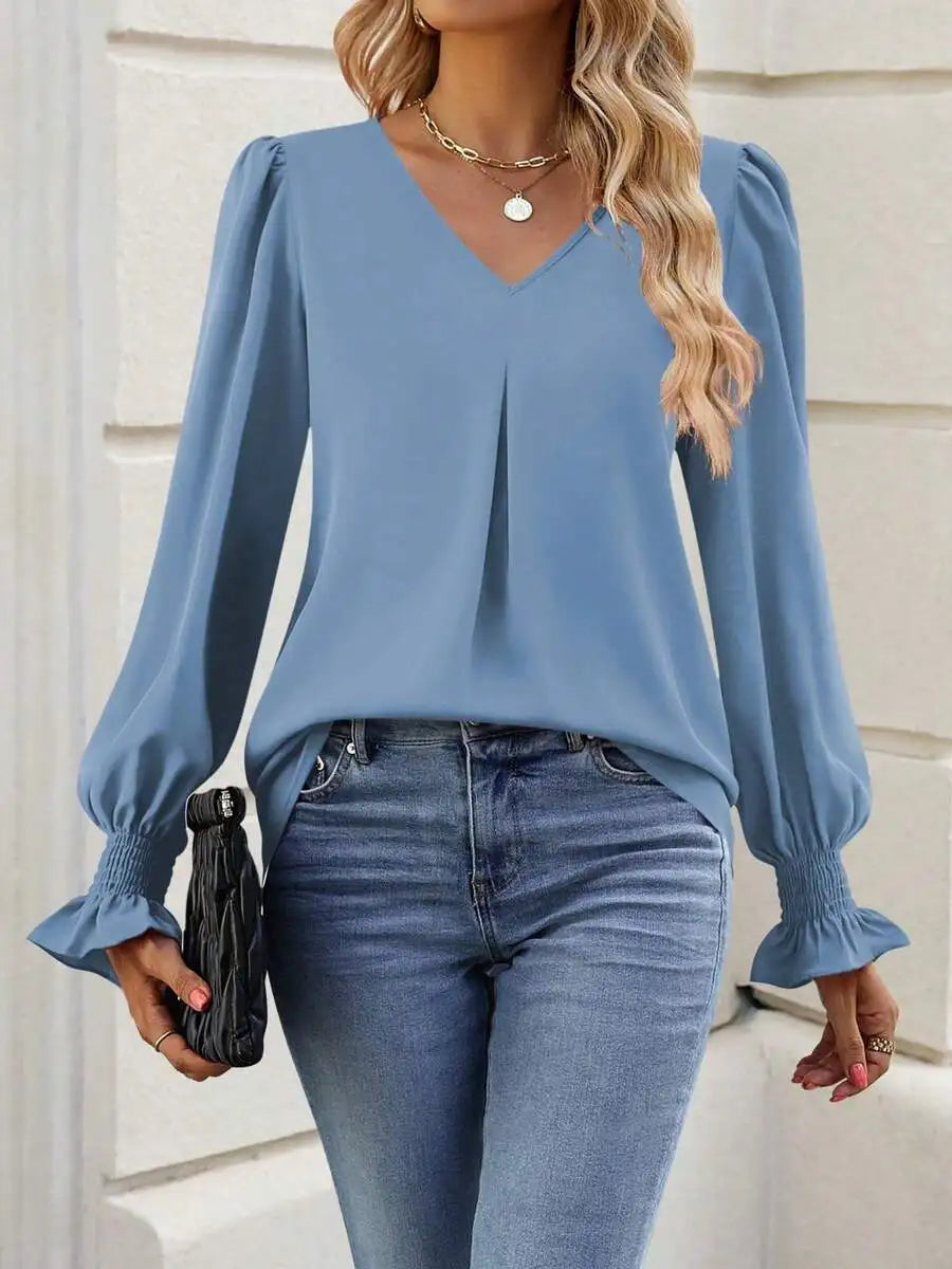 Womens Long Sleeve V Neck Loose Chiffon Blouse Casual Elegant Tunic Top