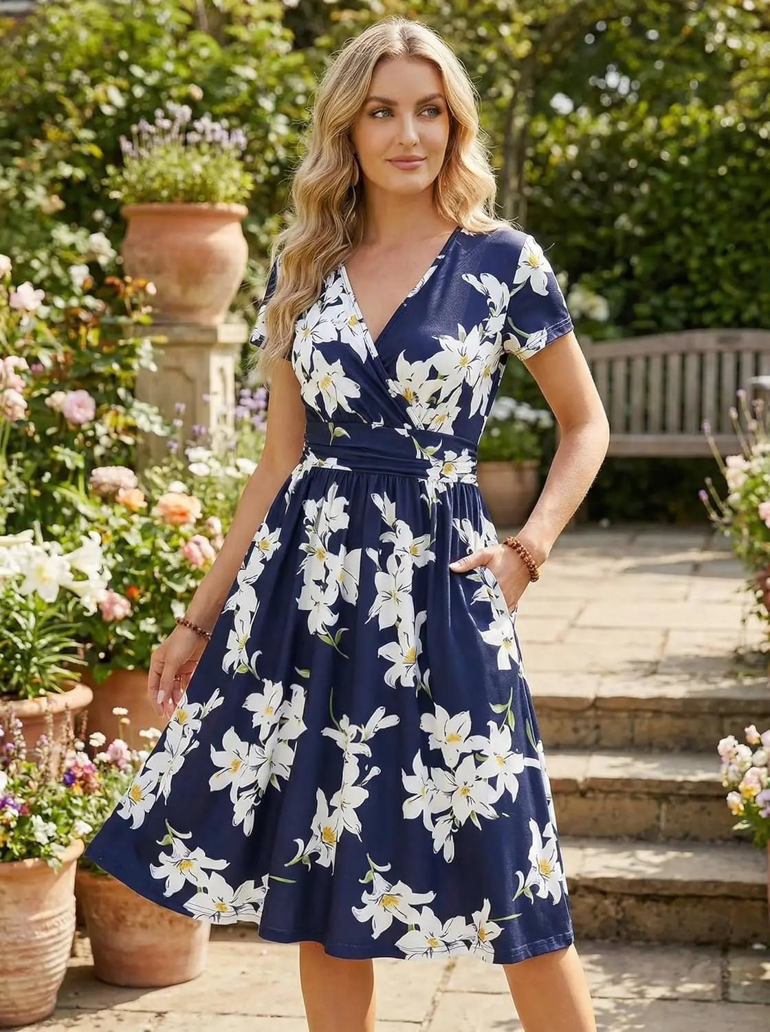 Women's Summer Wrap A-Line Midi Dress with Pocket and V-Neck