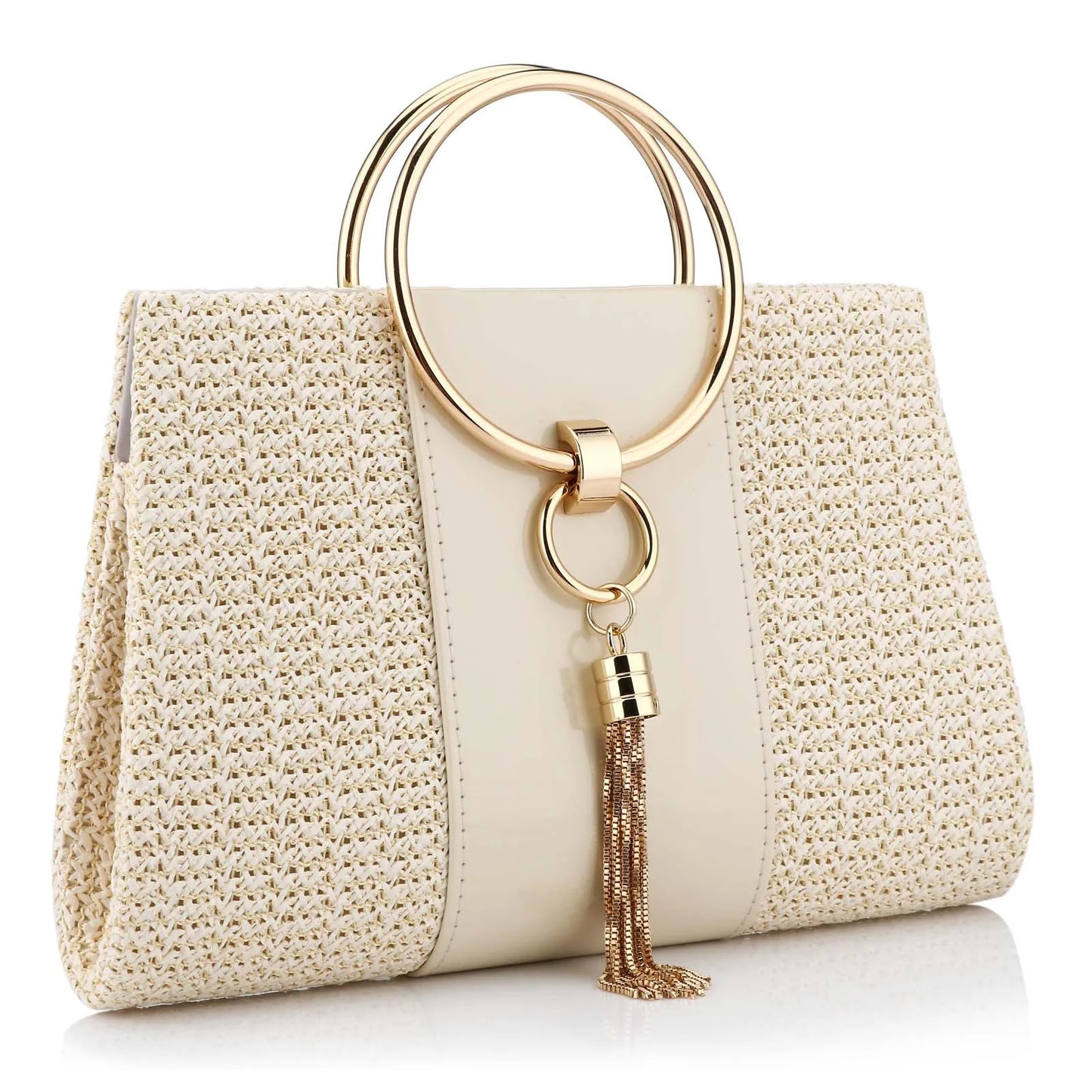 Women’s Summer Straw Tote Bag Elegant Woven Clutch Purse with Zinc Alloy Hardware Versatile Shoulder Bag for Beach Party & Casual Wear Straw Woven Handbag for Women