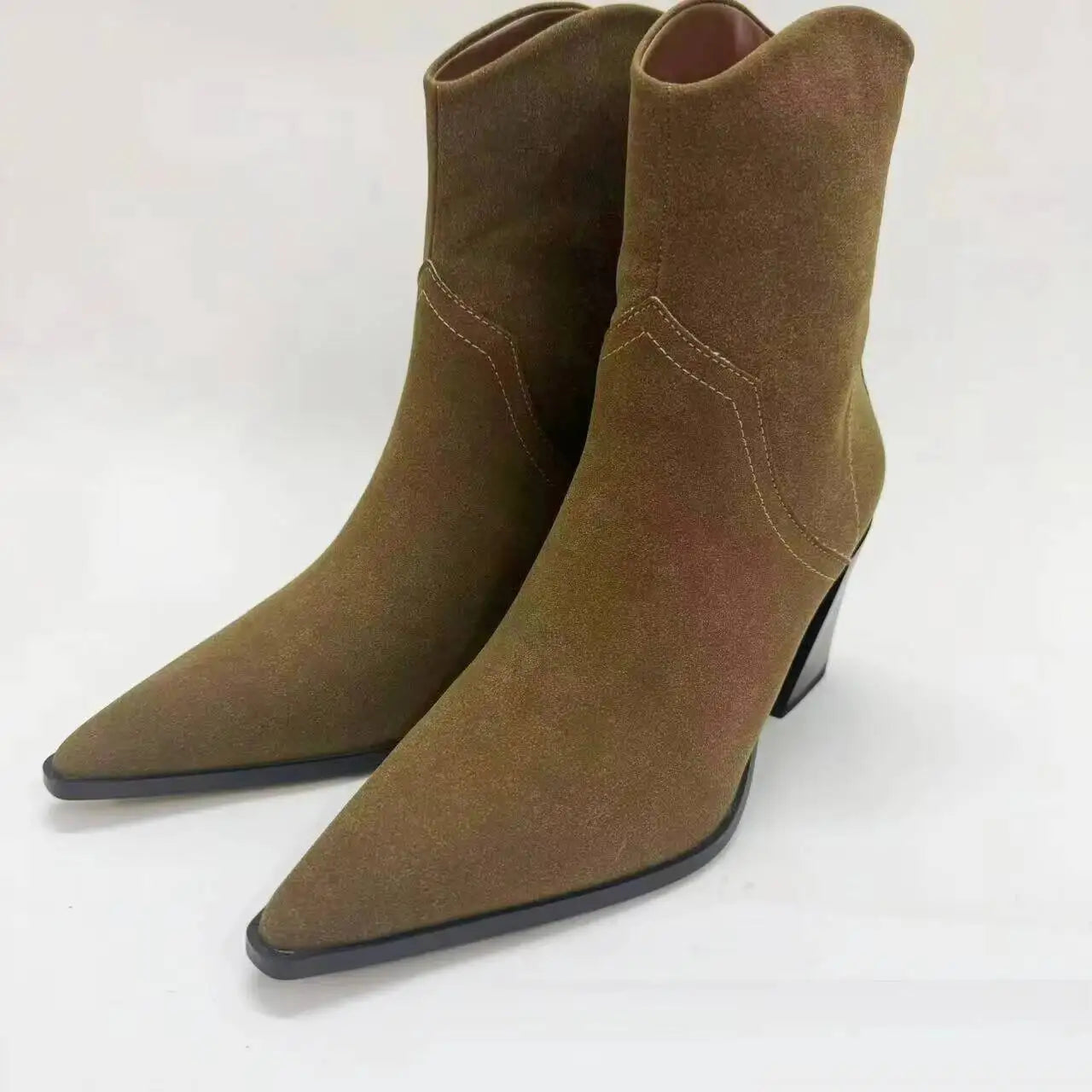 2026 Suede Leather Women's Pointed Toe Zippered Western Cowboy For Women Ankle Bootsblock Heel Work Boots Female Shoes