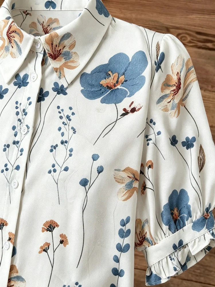 Women's Watercolor Floral Print Button Down Blouse, Lapel Puff Short Sleeve Ruffle Cuff Loose Summer Beach Casual Shirt