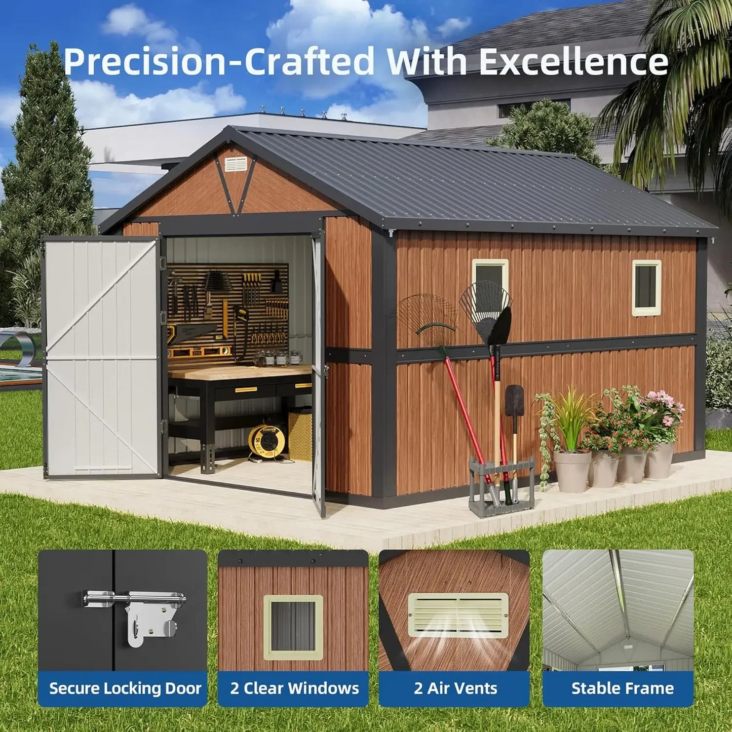 Outdoor Extra Large 10x12 FT Metal Storage Shed, Lockable Doors & Window for Backyard Garden Tool Storage, Customized