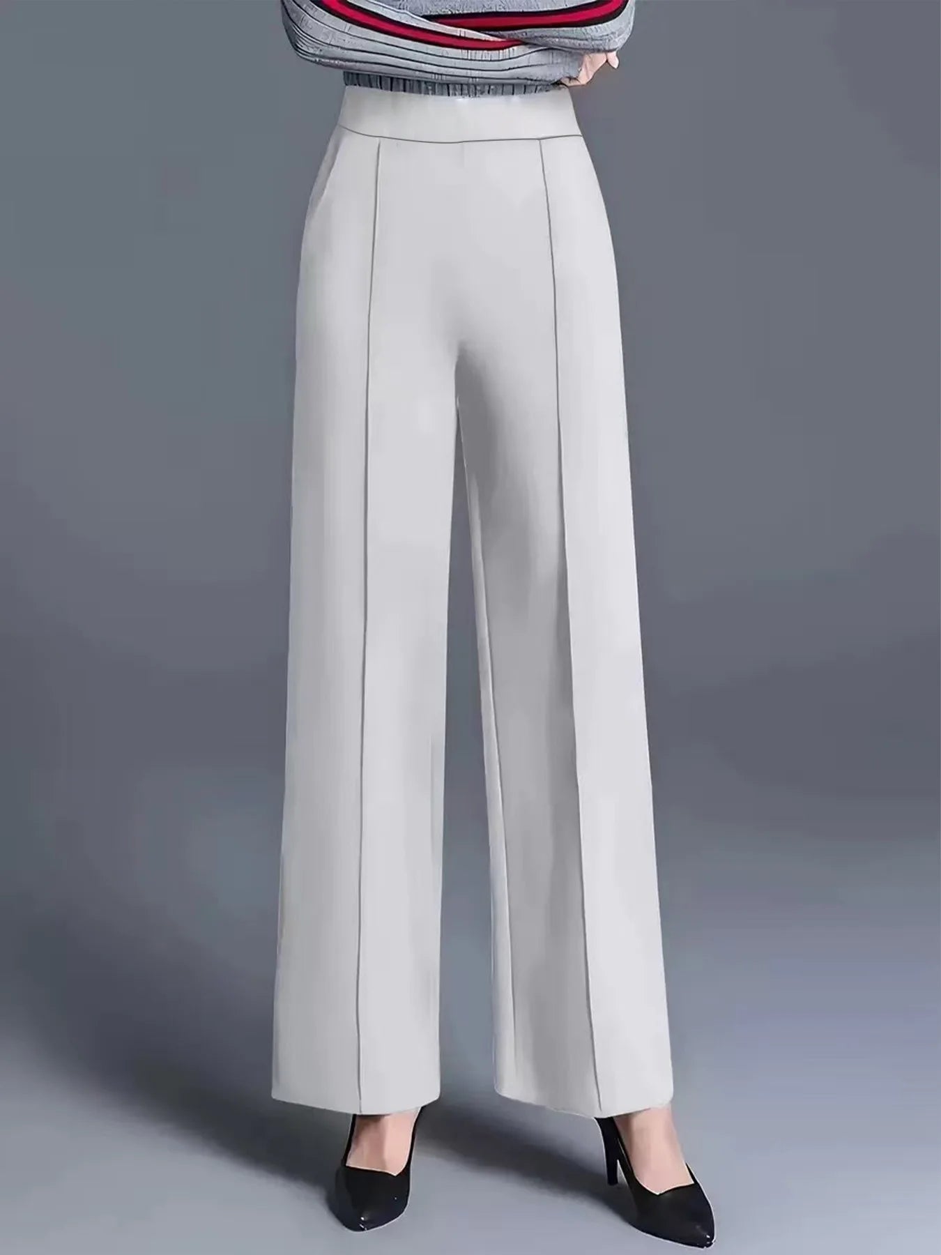 Four-Season Solid Color Wide Leg High Waist Loose Slimming Casual Pants Elastic Waist Comfortable Convenient with Pocket Design