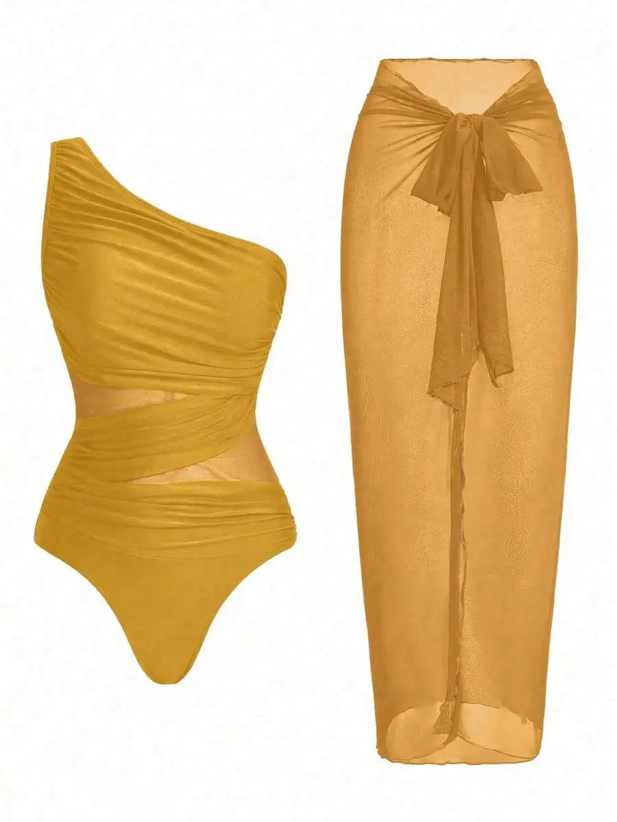 One Piece Ruched Swimsuit With Sarong Cover Up For Women Summer Beach