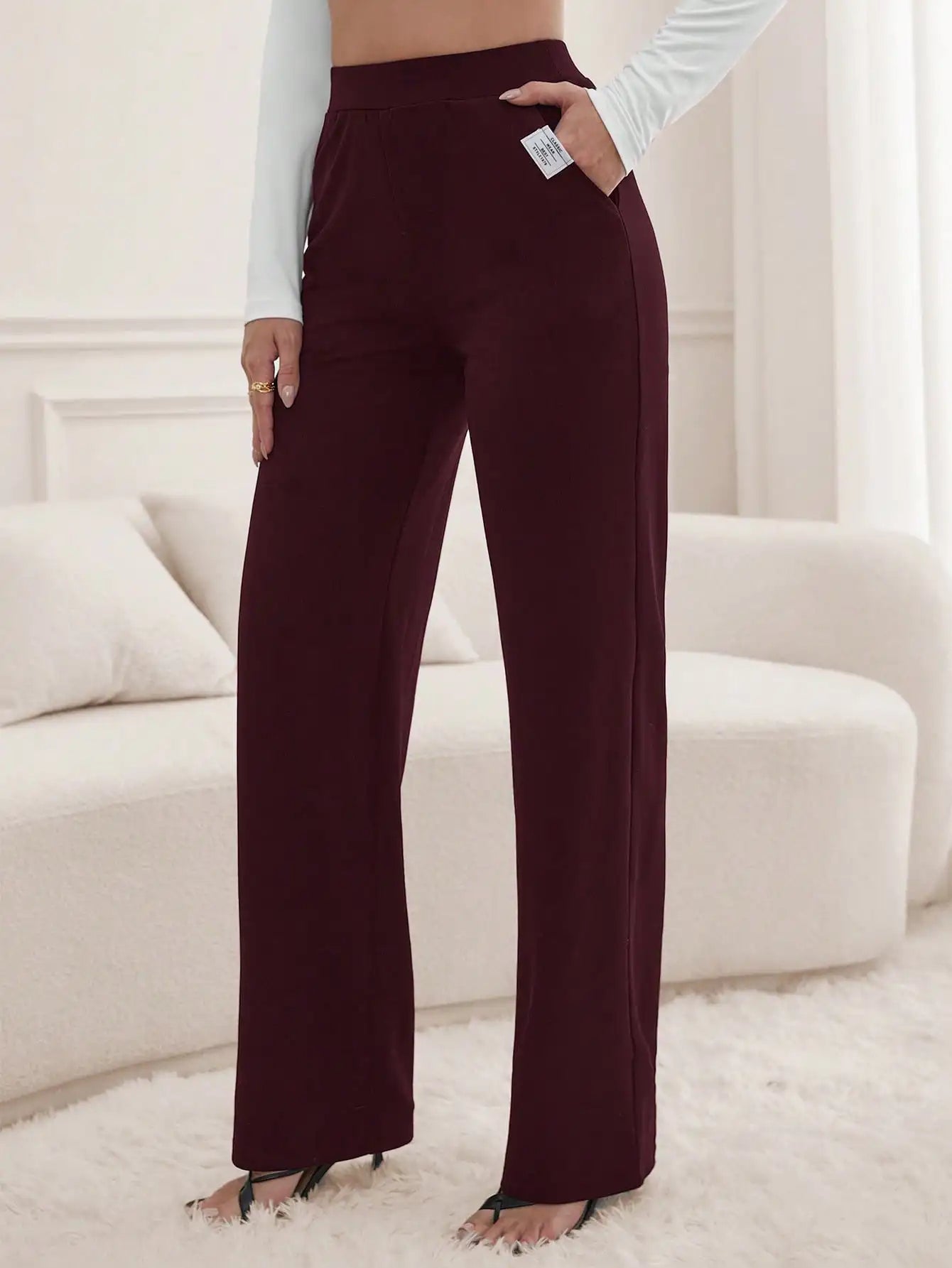 Camel Straight Leg Pants For Women Elegant Long Style With Pocket Detail Business Casual Slacks