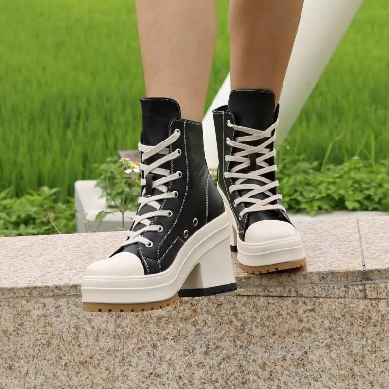 Women Chunky Heel Platform Ankle Boots Fashion All Match Casual Knight Boots Mixed Color Mujer High Heel Modern Botas Gothic