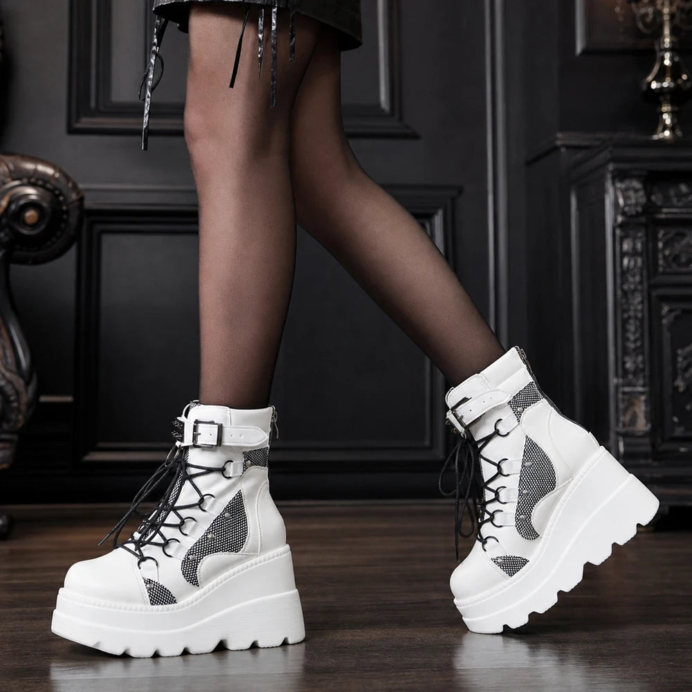 Women's Gothic Platform Wedge Ankle Boots, Punk Lace Up Buckle Strap Combat Booties, Non Slip Lug Sole Mid Calf Motorcycle Boots for Cosplay Daily Wear