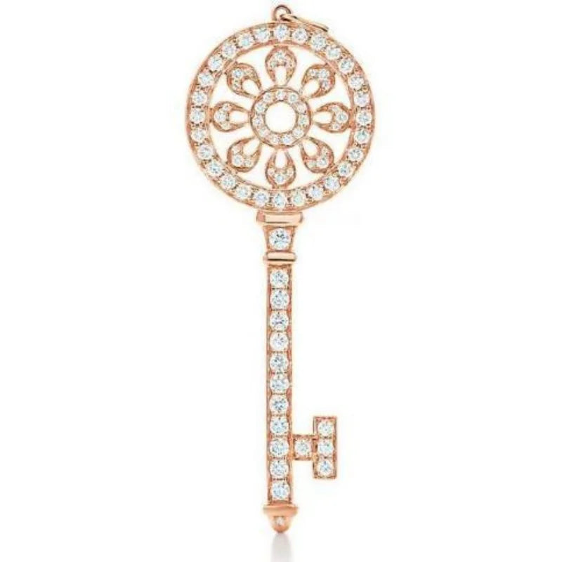 Rose Gold Ornate Diamond Key Pendant Necklace, Intricate Floral Pave Design