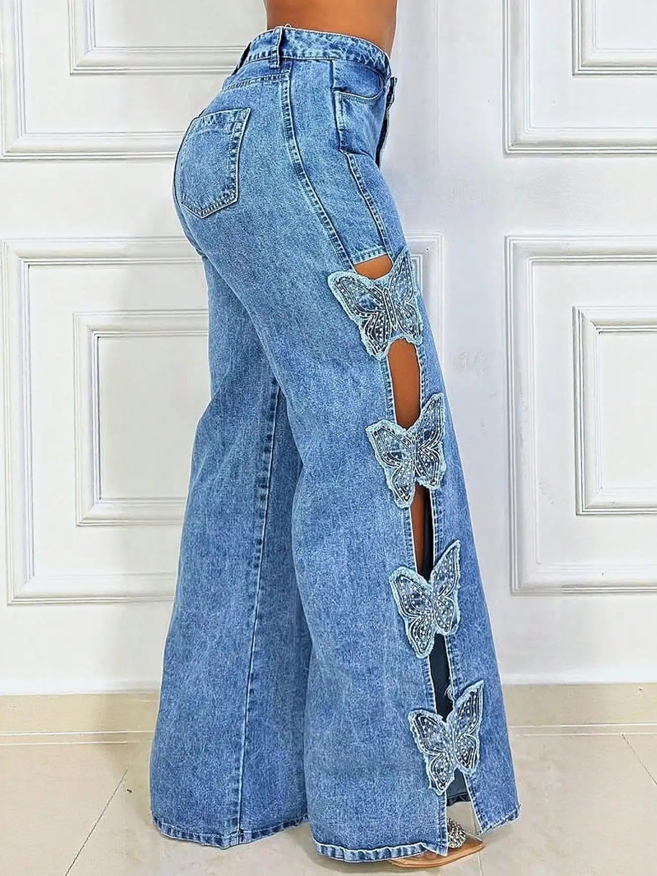 GLOURI Women's High Waist Stretchy Wide Leg Jeans | Washed Blue Denim Side Cutout with Butterfly Decorations Casual Loose Fit Denim Trousers for Date Night Daily Wear