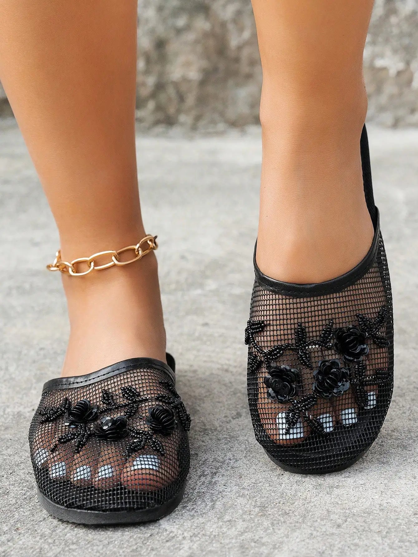 Womens Black Mesh Mules With Beaded Floral Embellishment Slip-On Flat Sandals