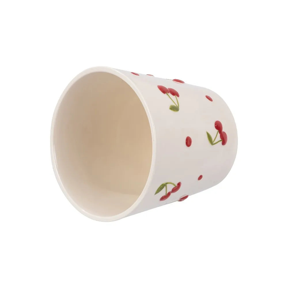 Round Ceramic Cherry Planter Pot for Plants Home Garden Decor Cream Red Flower Pot Handmade Art Pottery Vase with Drainage Hole