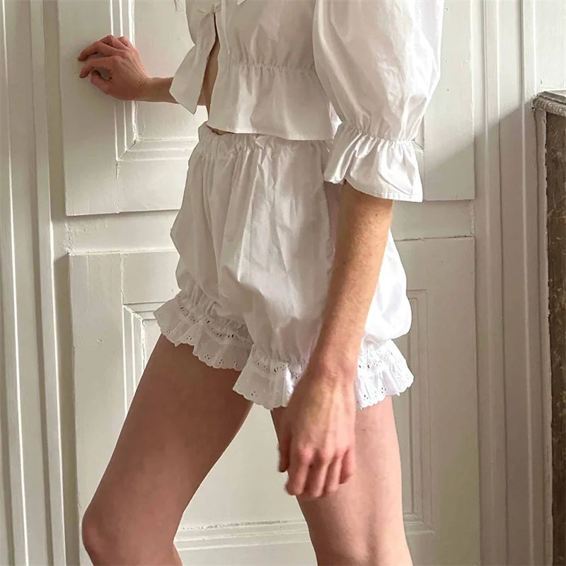 Women Shorts Summer Ladies Y2K Coquette Victorian Solid Color Bloomers Cotton Elastic High Waist Ruffle Hem Daily Party White