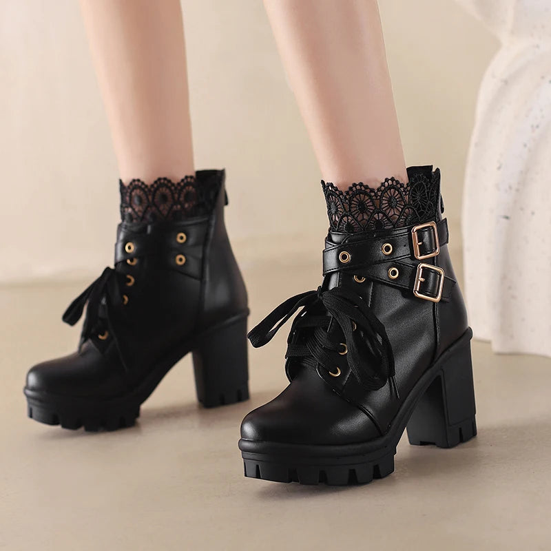 Goth Boots Women Platform Chunky Heel Buckle Lace Up Combat Booties